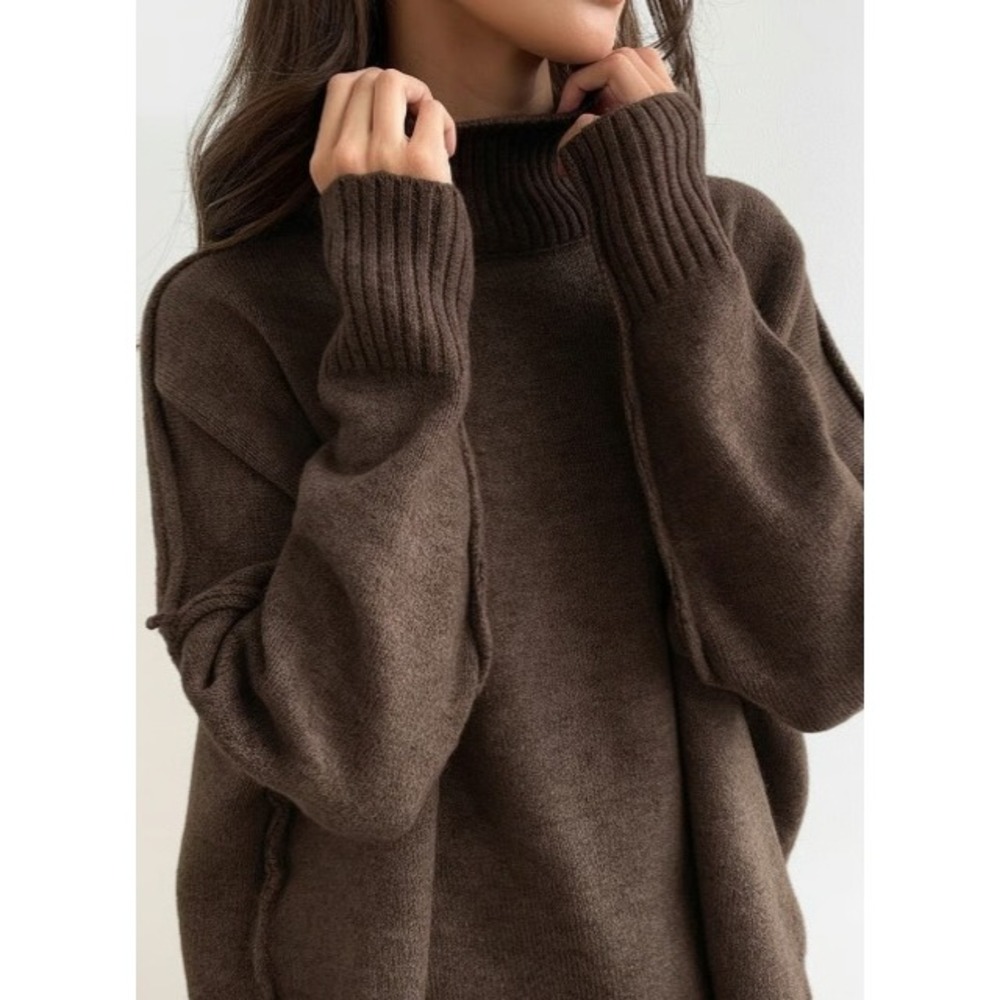 cOMMENSE Oversized Knit Two Piece Set Turtleneck Wide Leg Pants Brown Loungewear - Picture 4 of 12
